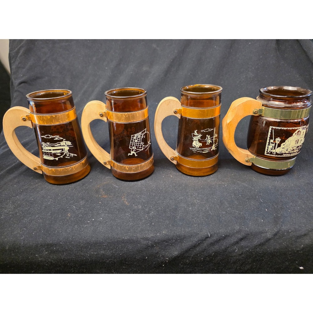 Vintage Siesta Ware Amber Glass Mugs Wood Handle New Orleans Steamboat Set‎ of 4